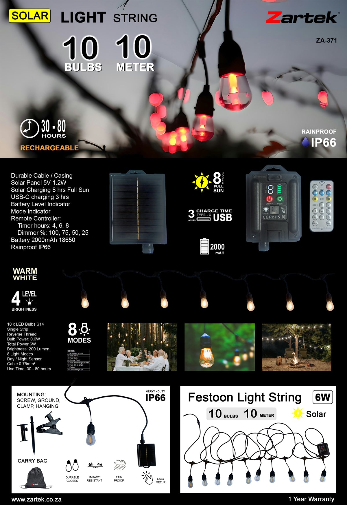 Zartek ZA-371 - Solar Festoon String Light 10M